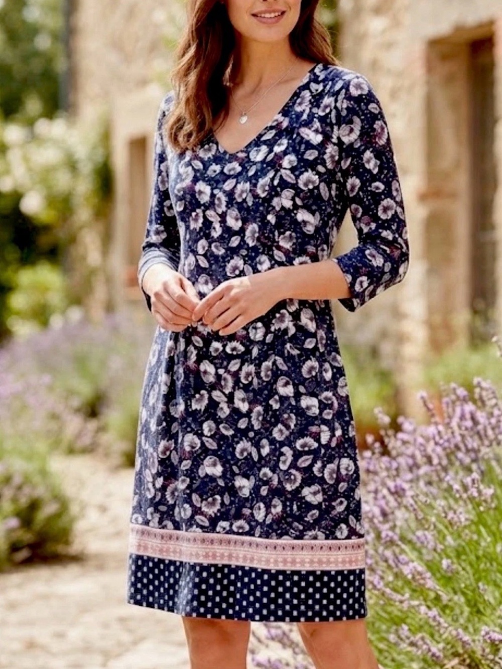 J. Jill Navy Floral V‑Neck Midi Dress with Border